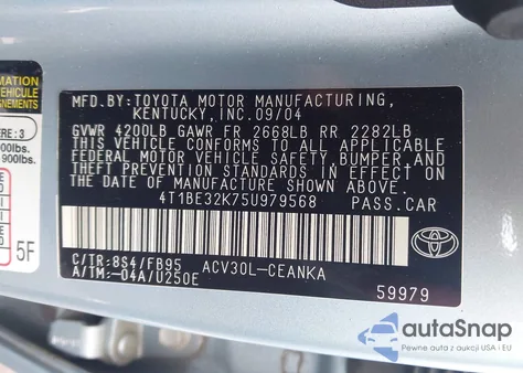 2005 Toyota Camry Le z USA, uszkodzony, nr VIN 4T1BE32K75U979568